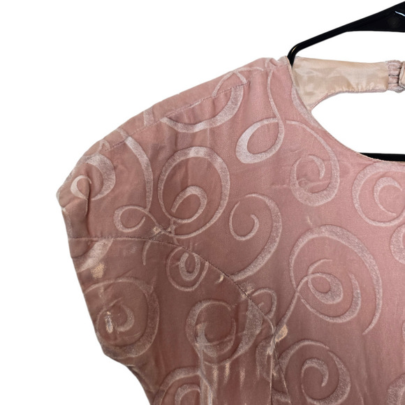 Vintage 80s Pink Velvet Dress with Abstract Swirl Pattern  Keyhole Retro Glam - Picture 2 of 9